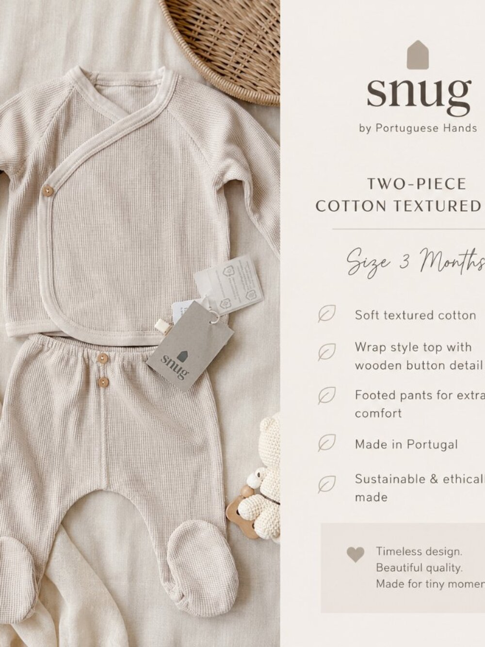 NWT Snug Portuguese Hands 3M Organic Cotton Waffle Baby Set Portugal Neutral